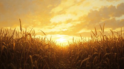 Sticker - Golden sunset over an expansive cornfield with tall stalks silhouetted against the dramatic sky during evening hours