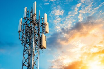 Close-up of a 5G telecom tower, highlighting the advanced infrastructure of wireless communication, digital connectivity, and the expanding power of mobile technology, Generative AI