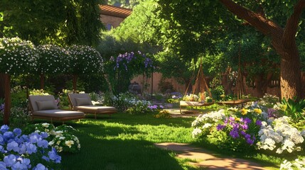 A lush green garden with a mix of small and large trees, white, purple, and yellow flowers blooming brightly. Lounge chairs and a swing add a touch of relaxation to the scene.