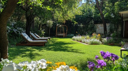 A lush green garden with a mix of trees and vibrant flowers in white, purple, and yellow. Lounge chairs and a wooden swing are set up for relaxing afternoons outdoors.