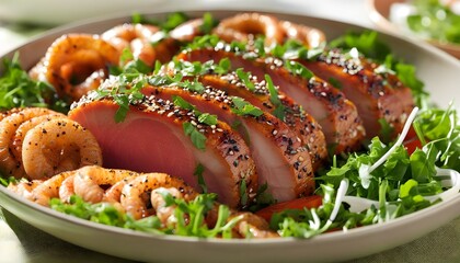 Wall Mural - Savory roast beef cold cuts with zucchini and onion rings on a bed of fresh rocket lettuce in a chic bowl