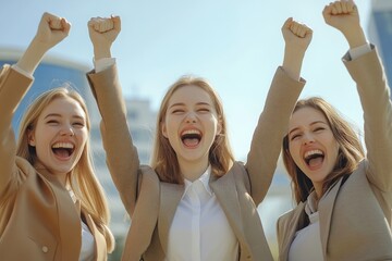 Canvas Print - Happy excited businesswomen rejoicing at corporate success. Team of women wearing office suits, making winner gestures, smiling and shouting for joy. Business leadership, Generative AI