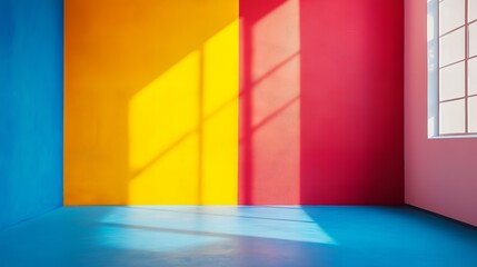 Poster - Blue, yellow, and red walls with a window and sunlight shining through.