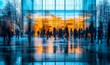 © Visual Odyssey - Blurred business people meeting in modern glass office building, Generative AI