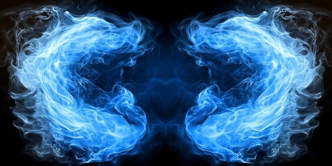 Abstract symmetrical blue flames with smoke, representing mystical energy, power, and the surreal beauty of glowing firelight in a fantasy-inspired concept, Generative AI