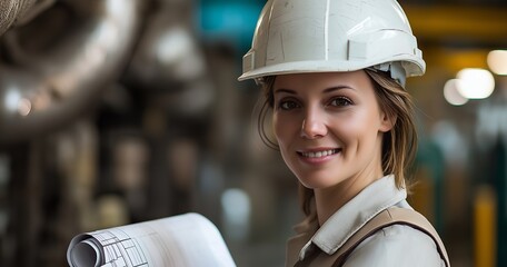 Female engineer in a hard hat smiling while holding a blueprint.