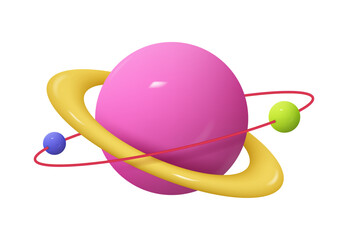 Poster - Saturn, Jupiter, Uranus, Neptune 3d icon. Planet with ring around and orbiting mini planets, fantasy globe. Vector illustration of cartoon minimal kids toy of solar system sphere