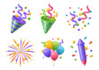 © Sensvector - Clapper and confetti, popper for celebration or party events. Vector isolated set of 3d icons, burst of ribbons, surprise congratulation, serpentine decoration for posters or invitations