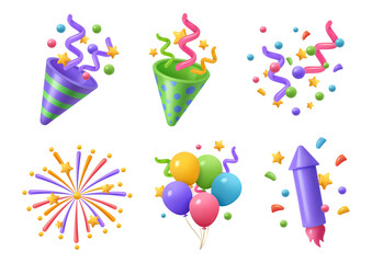 clapper and confetti, popper for celebration or party events. vector isolated set of 3d icons, burst