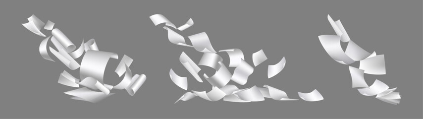 Poster - Flying paper sheet in different angles of view, isolated cellulose fibers products in motion. Vector realistic blank pages in air. Falling document mockup. Empty note and leaflet chaotic floating