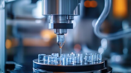 a precision instrument in a lab setting, dispensing liquid into sample containers.