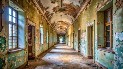  Abandoned corridor in asylum with deteriorated ceiling