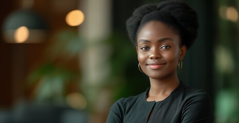 Poster - Close-up portrait of a confident young black woman smiling, looking at the camera with a warm, inviting expression.