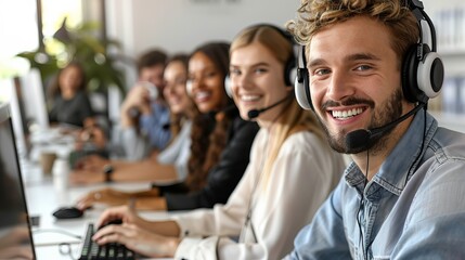 cheerful team of customer service representatives working in a modern office environment, equipped with headsets and computers.