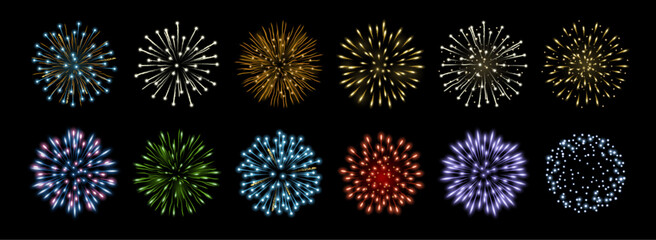 Poster - Sparkling multicolor firecrackers, light illuminated fireworks, anniversary celebration explodes on black sky background. Vector carnival explosion bursts, sparkling festive firecrackers