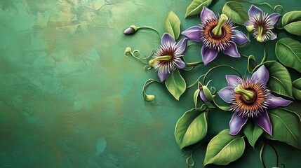 Poster - Vibrant passionflower blooms on a rich green background showcasing intricate details and vivid colors in a botanical still life arrangement