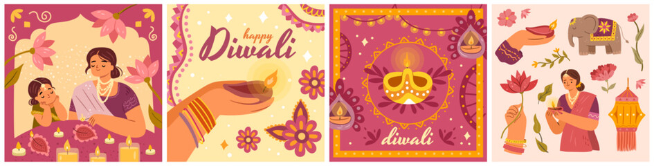 Happy Diwali greetings posters collection. Vector indian people in traditional clothing holding lit oil lamps and candles, decorating home with flowers and rangoli. Celebrating festival of lights