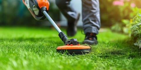 Close-up of a person using a lawn trimmer in a garden, showcasing grass cutting, lawn maintenance, and efficient outdoor gardening work during summer, Generative Ai