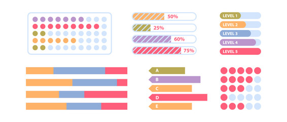 Aufkleber - Charts and progress bars diagrams for reports or business documentation. Vector isolated set of structured information, presentation or economy analysis. Percentage and statistics with info