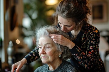 A health visitor combing hair of senior woman at home, Generative AI