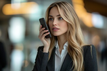 Canvas Print - Businesswoman talking on smartphone, Generative AI