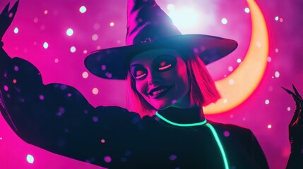 A glowing witch with a magical aura, vibrant colors, and mystical elements.