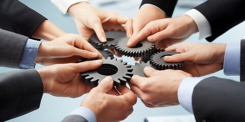 Aufkleber - Business team working together by holding gears, symbolizing collaboration, problem-solving, and teamwork to achieve shared corporate goals and productivity., Generative Ai