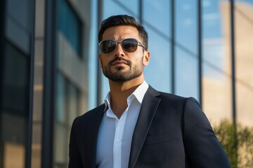 Wall Mural - Handsome middle-eastern guy businessman posing next to office center, Generative AI