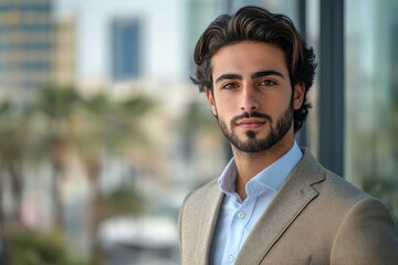 Canvas Print - Handsome middle-eastern guy businessman posing next to office center, Generative AI