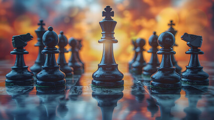 A dramatic close-up of black chess pieces on a reflective chessboard, highlighting strategy, competition, and the intensity of the game