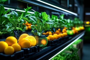 Poster - A futuristic city market filled with glowing, high-tech produce, where bioengineered fruits and vegetables are designed for peak nutrition