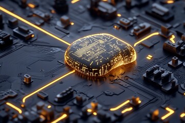 Poster - A futuristic ear implant connected to a glowing digital network, where sound is processed through advanced cybernetic structures