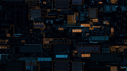 Poster - Printed circuit board. Visualization of printed circuit board processor chip, digitalization of neural networks and cloud computing. Digital pulses transmit data. Electronic circuit board operation 