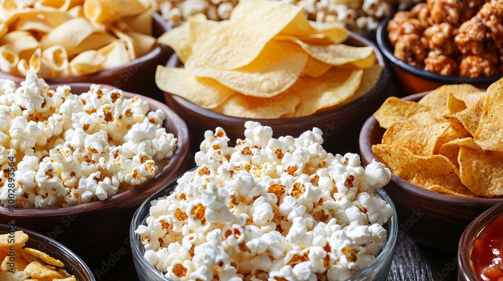 A variety of snacks are shown, including cheese puffs, potato chips ...