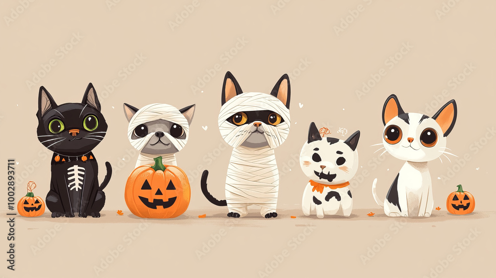 Cute cats and dogs dressed up in Halloween costumes like mummies ...