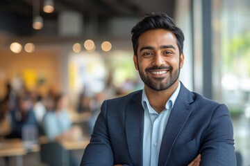 happy indian business man in suit in modern office, generative ai