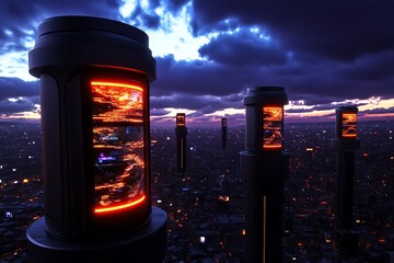 Poster - A futuristic fantasy skyline, where glowing towers float in the air, and digital billboards light up the sky over a sprawling cyberpunk city