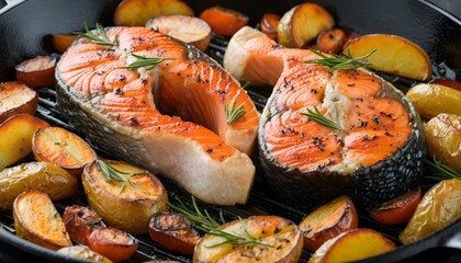 Wall Mural - Sizzling grilled salmon steaks and crispy potatoes in a frying pan with ample space for text