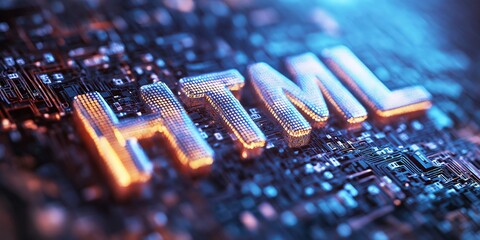 Poster - HTML letters immersed in a digital data stream, symbolizing the heart of web development, programming, and internet-based technologies in modern coding., Generative AI
