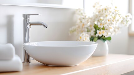 Stylish white sink and chrome faucet creating a serene bathroom space.