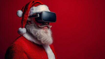 Santa Claus with Virtual Reality Glasses and Red Background