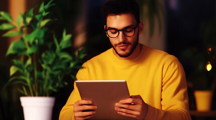 Young man enjoying digital tablet in cozy indoor setting with plants.