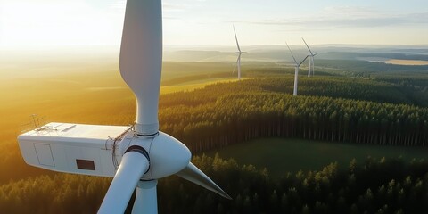 Wind turbine standing tall on an open field with a clear blue sky, representing renewable energy and the beauty of sustainable power generation in nature, Generative AI