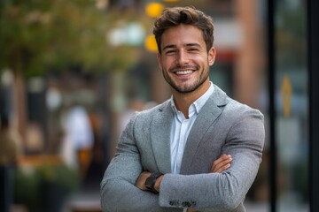 Canvas Print - Happy Young Businessman Standing with a Big Smile in the City. Crossed Arms and Looking at Camera, Generative AI