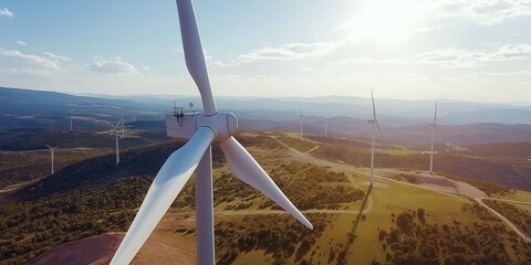 Aufkleber - Wind turbine standing tall on an open field with a clear blue sky, representing renewable energy and the beauty of sustainable power generation in nature, Generative AI
