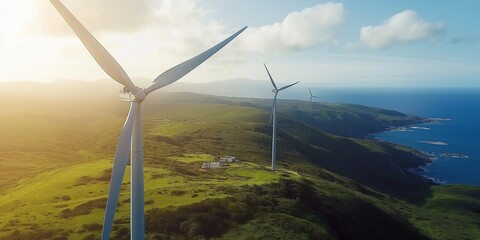 Wind turbine standing tall on an open field with a clear blue sky, representing renewable energy and the beauty of sustainable power generation in nature, Generative AI