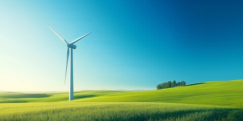 Aufkleber - Wind turbine standing tall on an open field with a clear blue sky, representing renewable energy and the beauty of sustainable power generation in nature, Generative AI