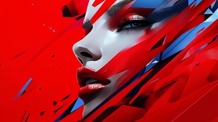 Poster - A close-up shot of a woman's face with bold red lips and dramatic eye makeup. The background is a red and blue abstract design.