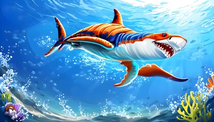 Wall Mural - Whimsical underwater adventure featuring a playful cartoon shark in a vibrant sea environment