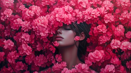 Wall Mural - Woman Surrounded by Pink Flowers: A Dreamy Portrait